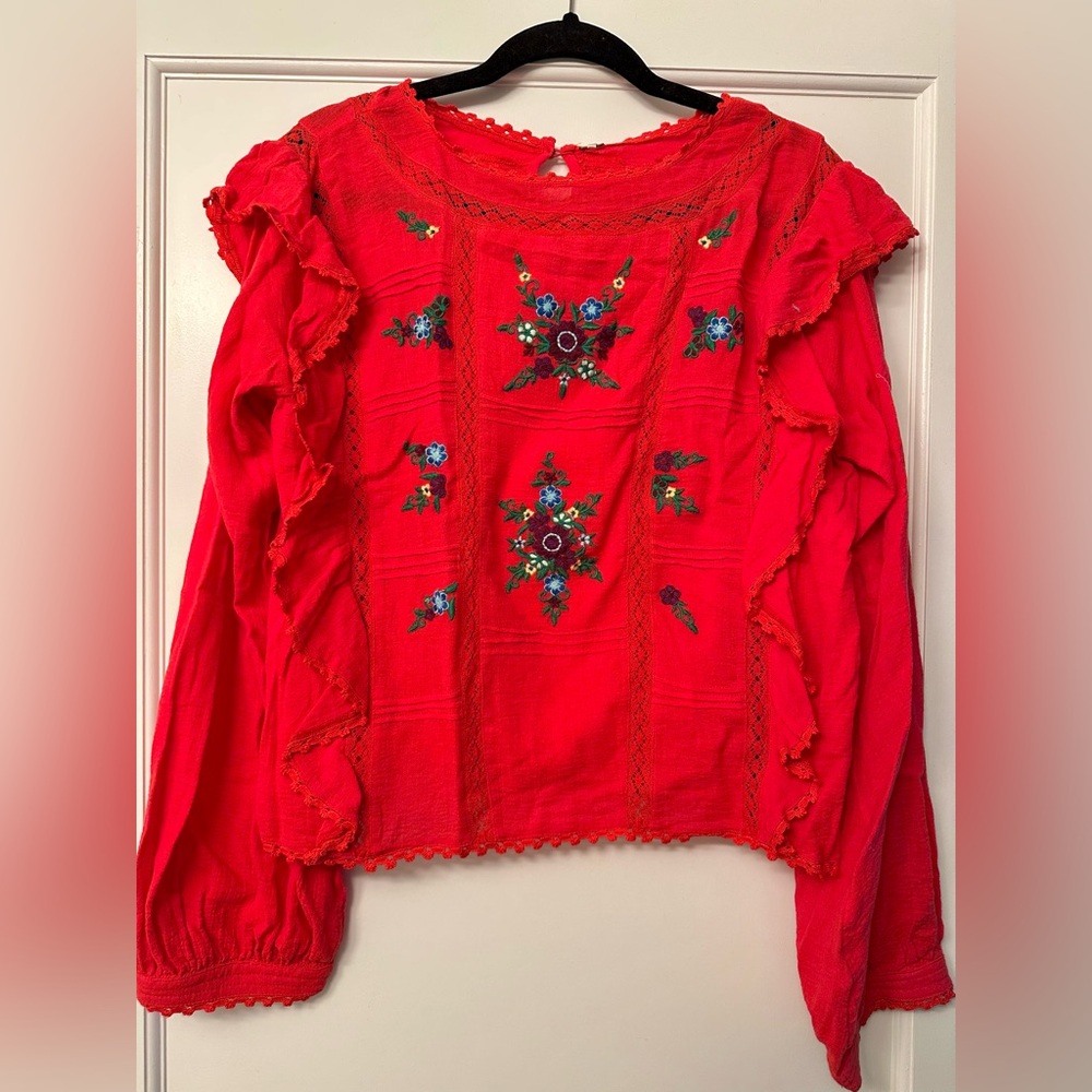 Free People Amy Red Floral Embroidered Top